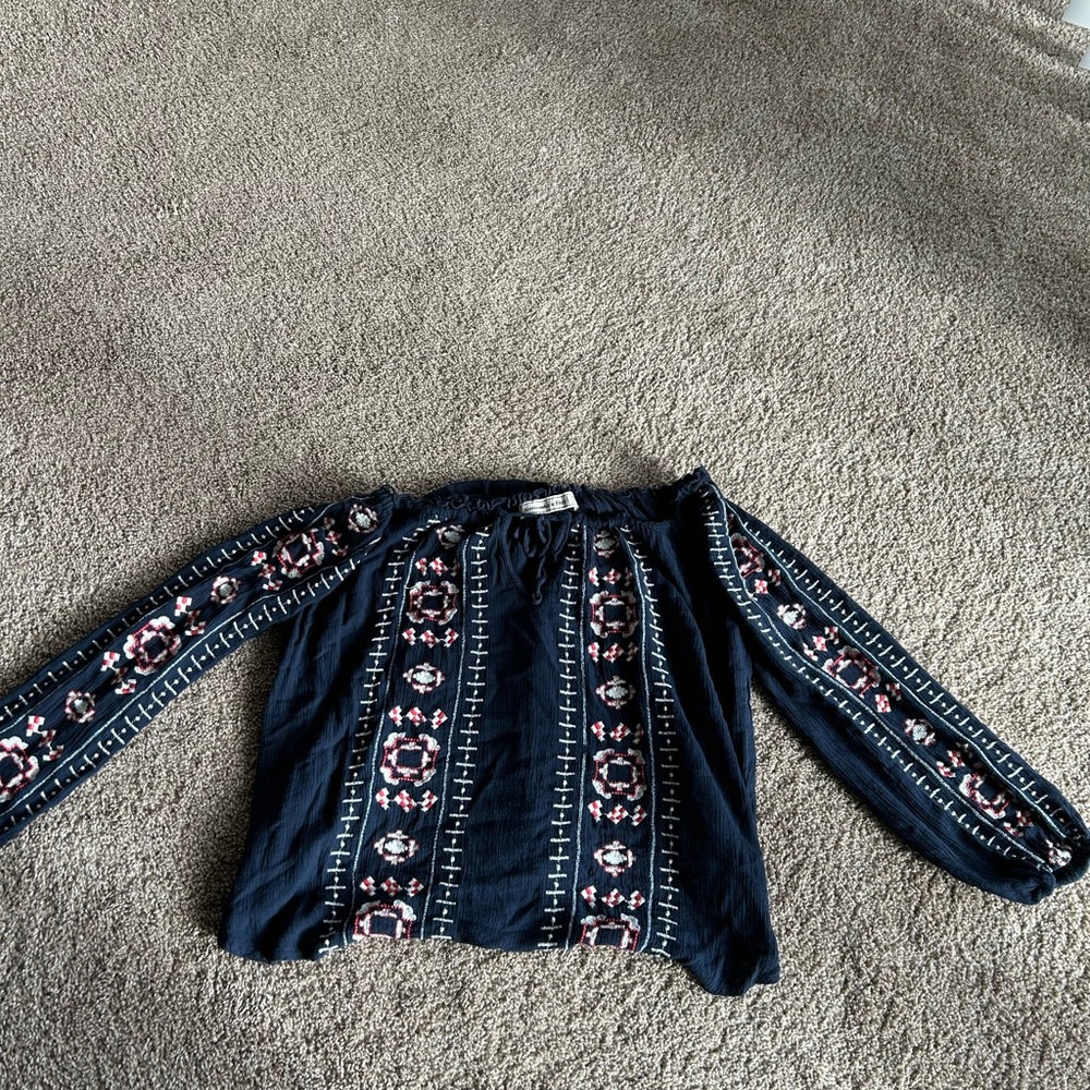 Embroidered Navy Blue Off-the-shoulder Blouse